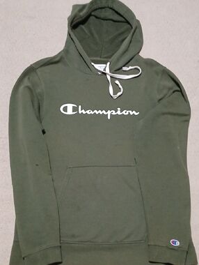 Champion Olive Green Hoodie with White Logo and Drawstrings